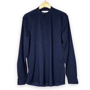 ZARA Navy Blue Slim Fit Dress Shirt 1/4 Hidden Buttons Long Sleeve High Neck